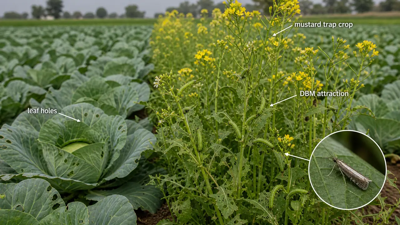Diamondback moth management in cabbage using mustard trap crop to attract most DBM activity away from cabbage