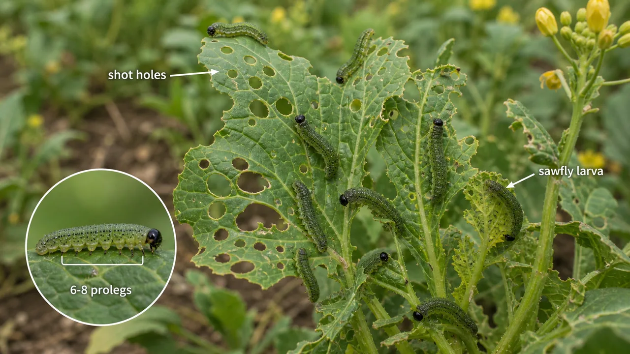 Mustard sawfly damage showing shot holes, smooth sawfly larvae, and a proleg comparison inset