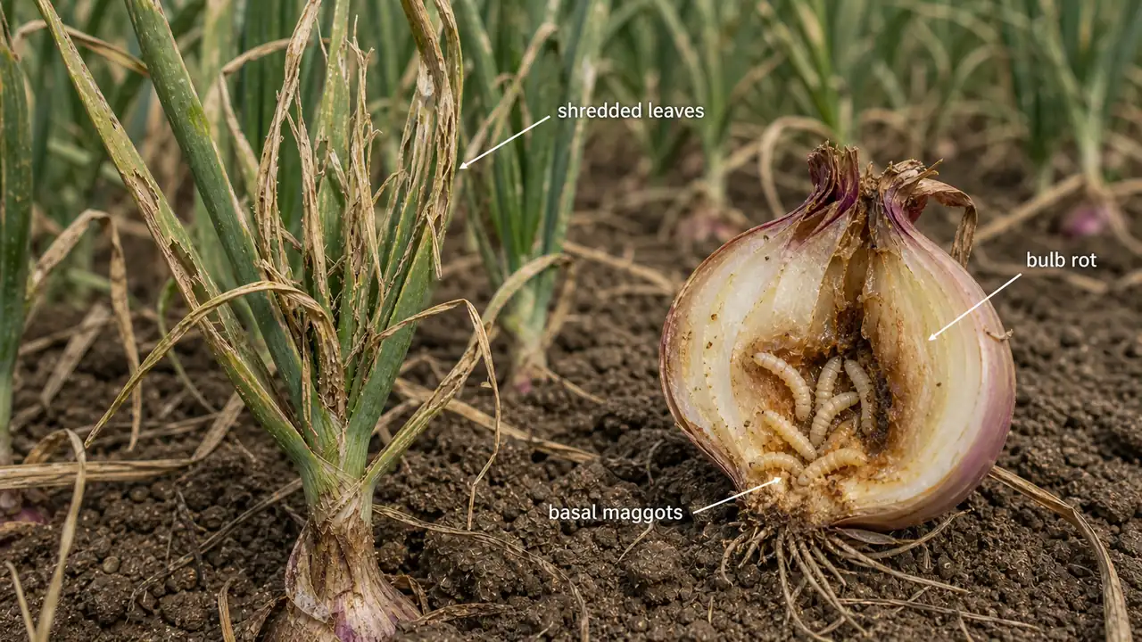 Onion fly damage showing shredded onion leaves and basal maggots rotting the onion bulb