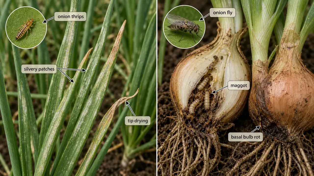 Comparison of onion thrips and onion fly damage showing silvery patches, tip drying, maggots, and basal bulb rot
