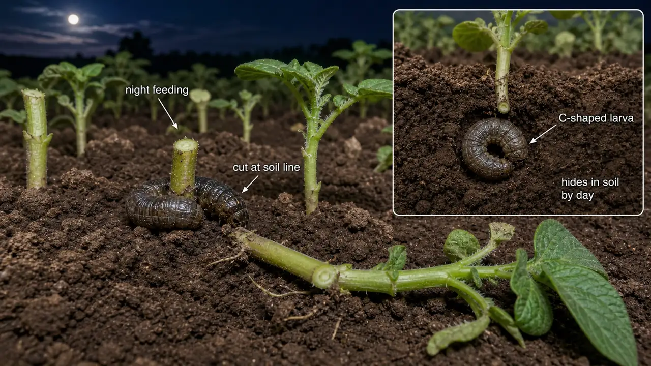 Greasy cutworm damage in potato showing seedlings cut at soil line during night feeding and a C-shaped larva hidden in soil