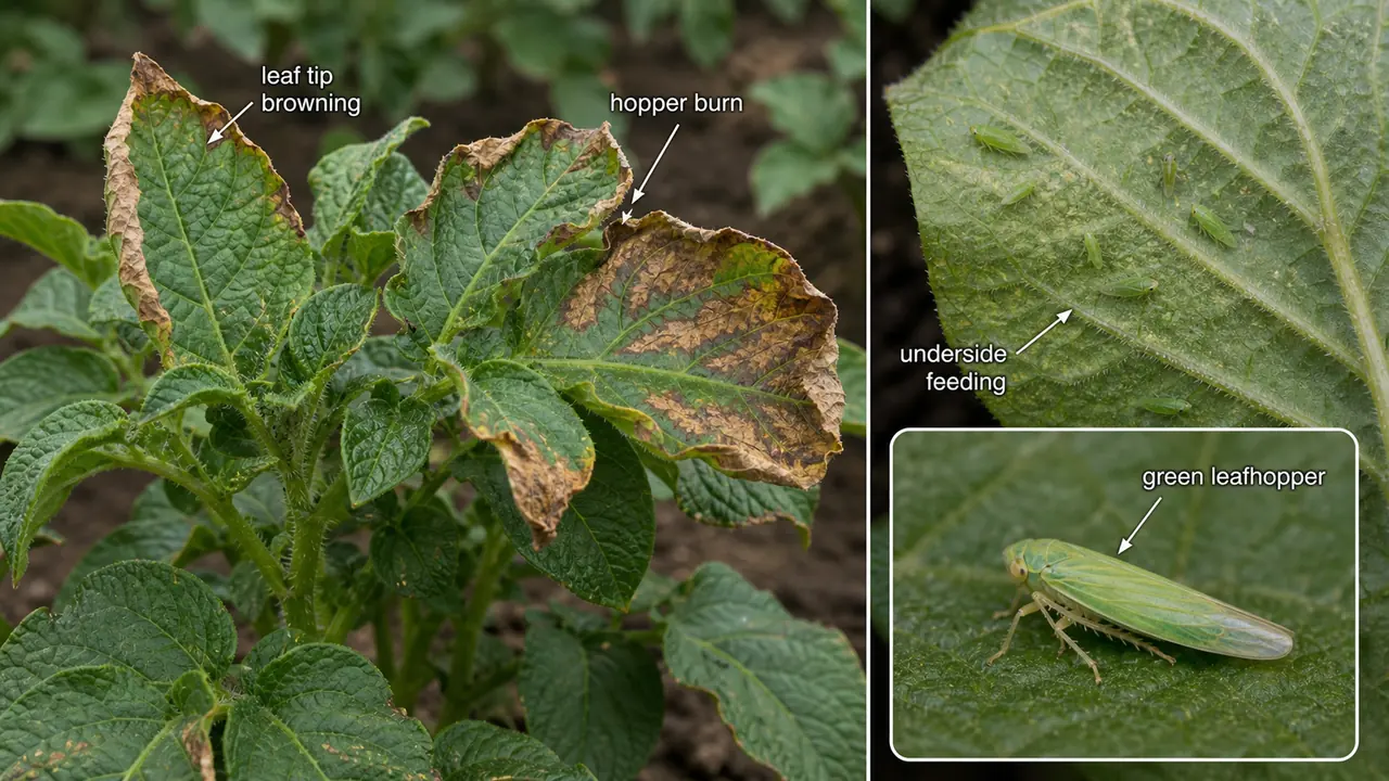 Potato green leafhopper injury showing underside feeding, leaf tip browning, and hopper burn on potato foliage
