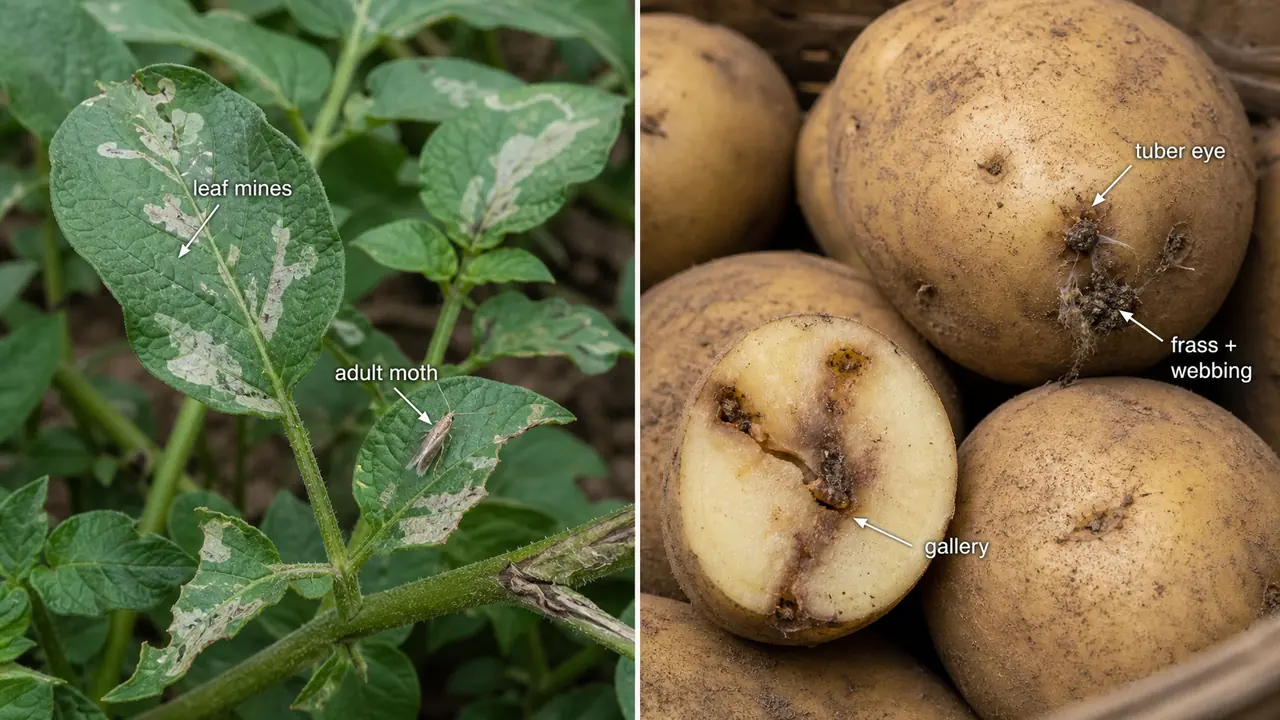 Potato tuber moth injury in potato showing field leaf mines and storage galleries near tuber eyes with frass and webbing