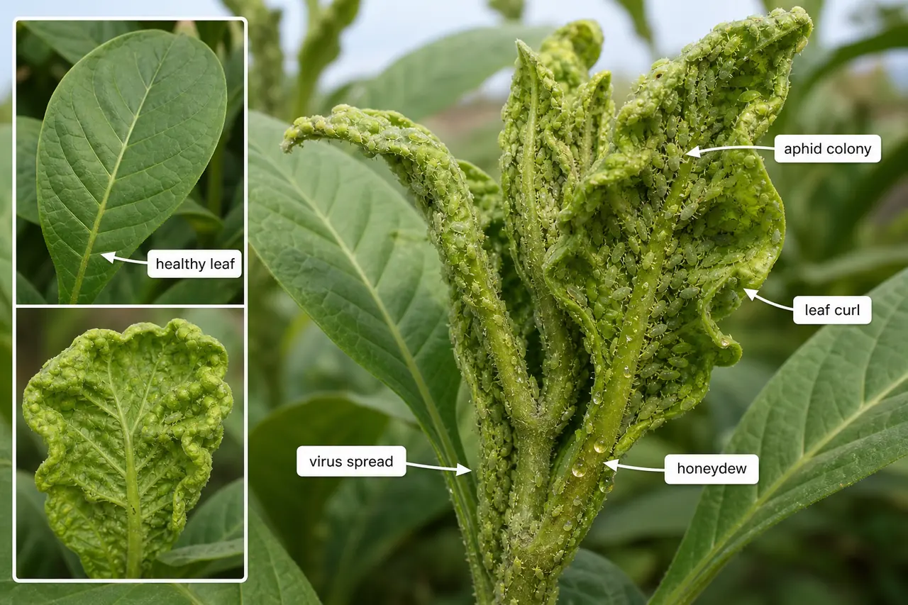 Tobacco aphid colony board showing healthy leaf versus curled aphid-infested leaf with honeydew and virus spread cues