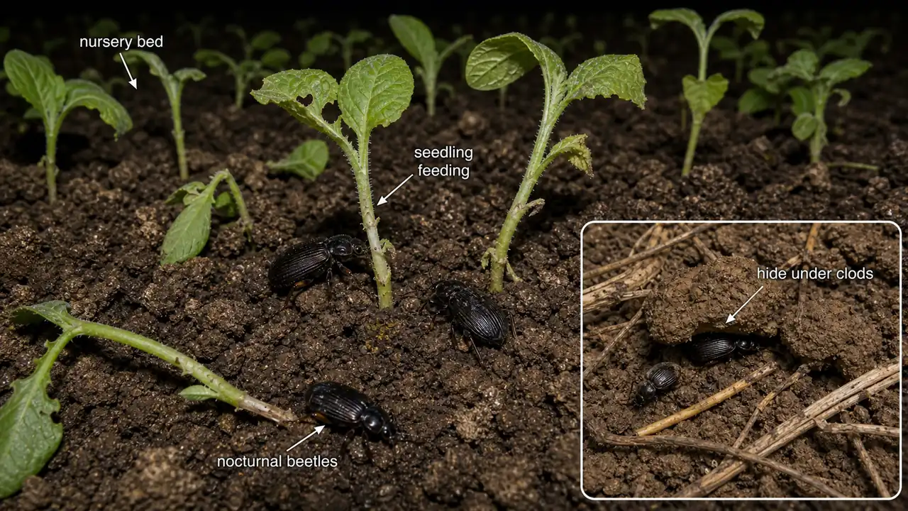 Ground beetle damage in a tobacco nursery bed showing nocturnal beetles feeding on young seedlings and hiding under clods by day