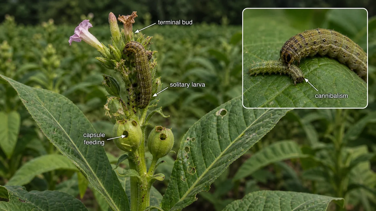 Helicoverpa armigera on tobacco showing solitary larva feeding on terminal bud and capsule region with a cannibalism inset