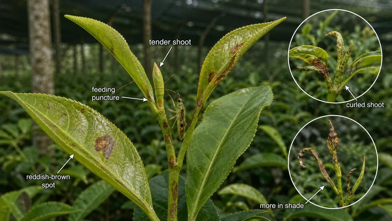 Tea mosquito bug injury on tea showing tender shoot feeding punctures, reddish-brown necrotic spots, leaf curl, and worse damage under shade