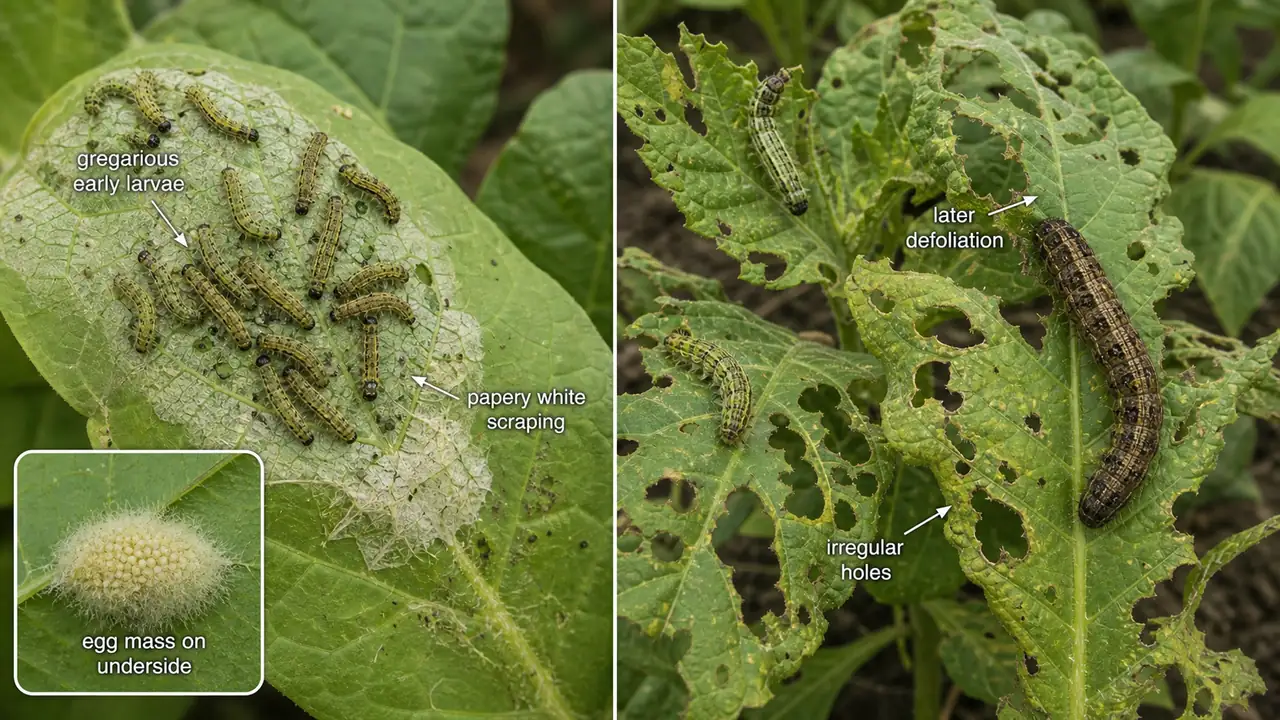 Tobacco caterpillar damage on tobacco showing gregarious early larvae causing papery white scraping and later larvae causing irregular holes and defoliation