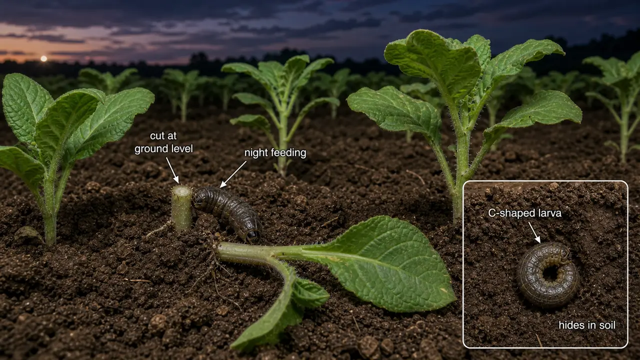 Tobacco cutworm damage showing seedling cut at ground level and a C-shaped Agrotis ipsilon larva hiding below the soil surface