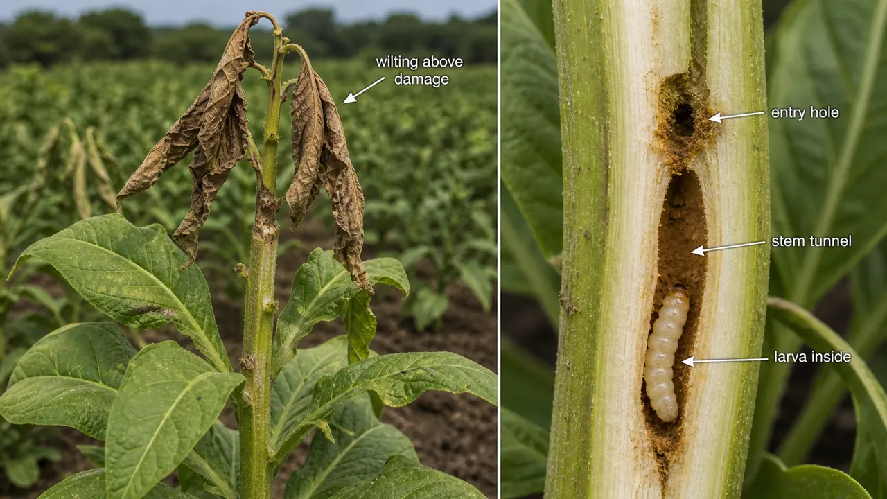 Tobacco stem borer damage showing a larva tunneling inside the tobacco stem with an entry hole and wilting above the damaged stem