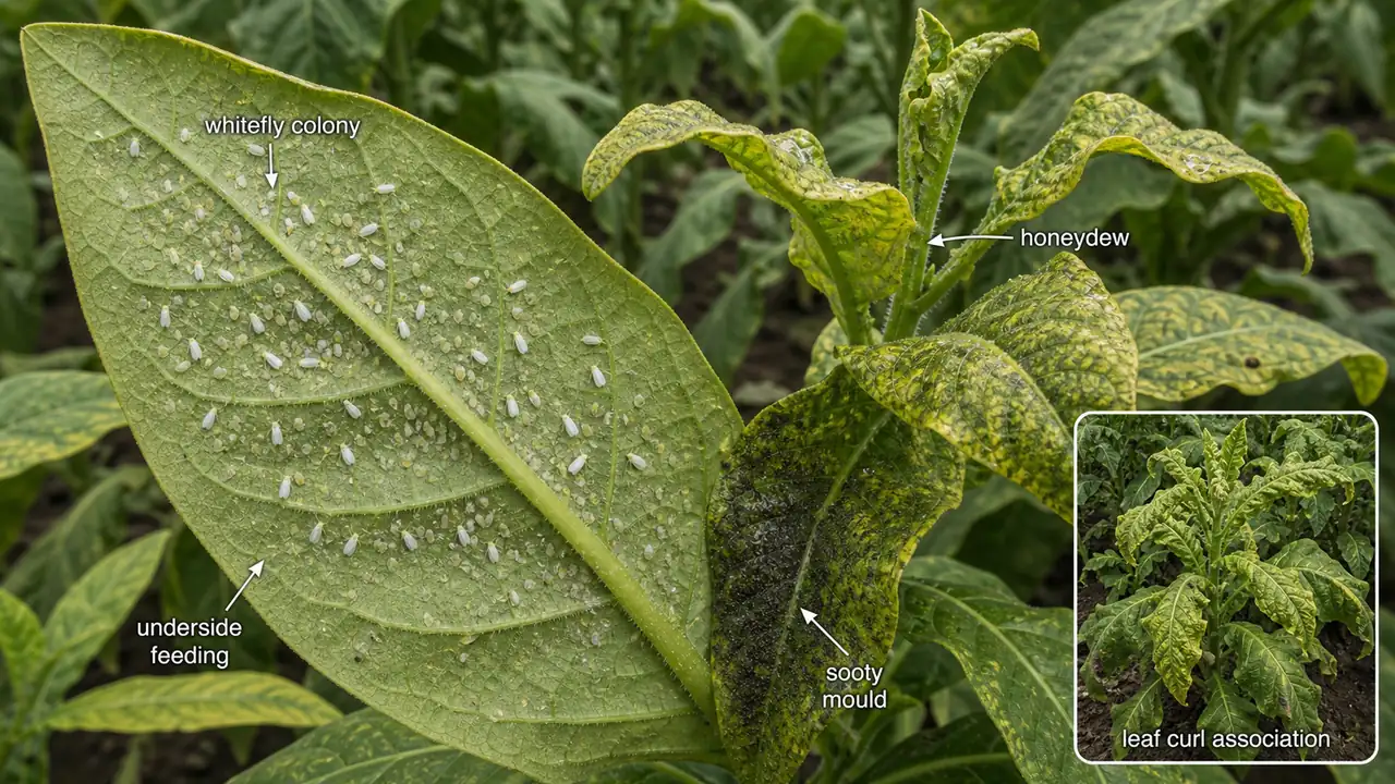 Tobacco whitefly infestation showing Bemisia colonies on the lower leaf surface with yellowing, honeydew, and early sooty mould