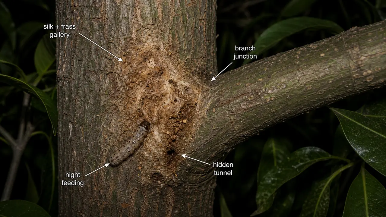 Mango bark eating caterpillar damage showing silk and frass galleries at a branch junction with a hidden trunk tunnel