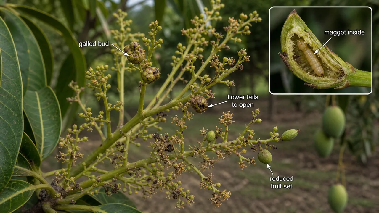 Mango flower gall midge injury showing swollen galled flower buds, a maggot inside an opened bud, and flowers failing to open