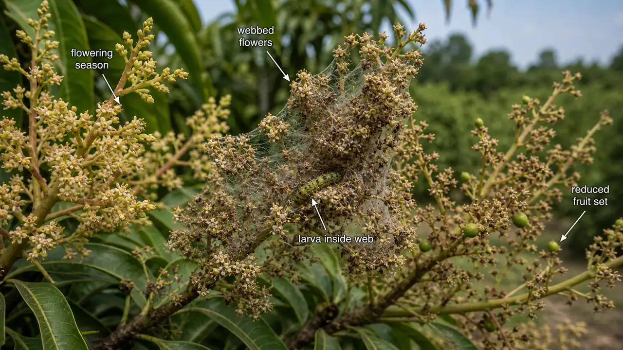 Mango flower webber damage showing webbed mango flower clusters with a larva feeding inside the flower mass during flowering season