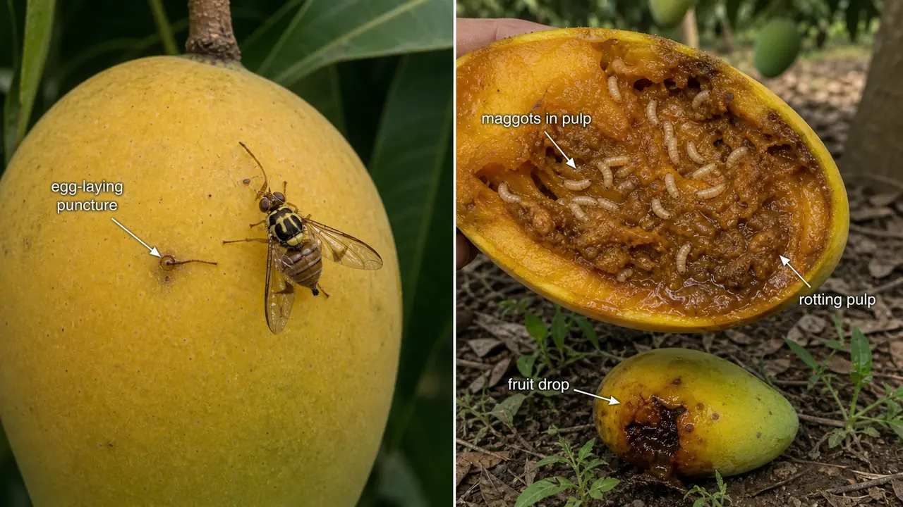 Mango fruit fly damage showing egg-laying puncture on ripe mango, maggots destroying the pulp, and infested fruit drop