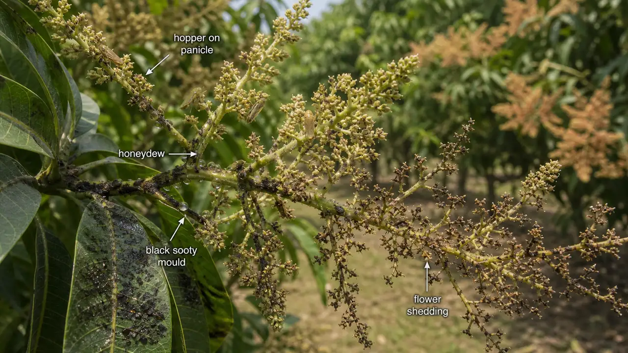 Mango hopper infestation on mango panicles showing wedge-shaped hoppers, honeydew, black sooty mould, and flower shedding