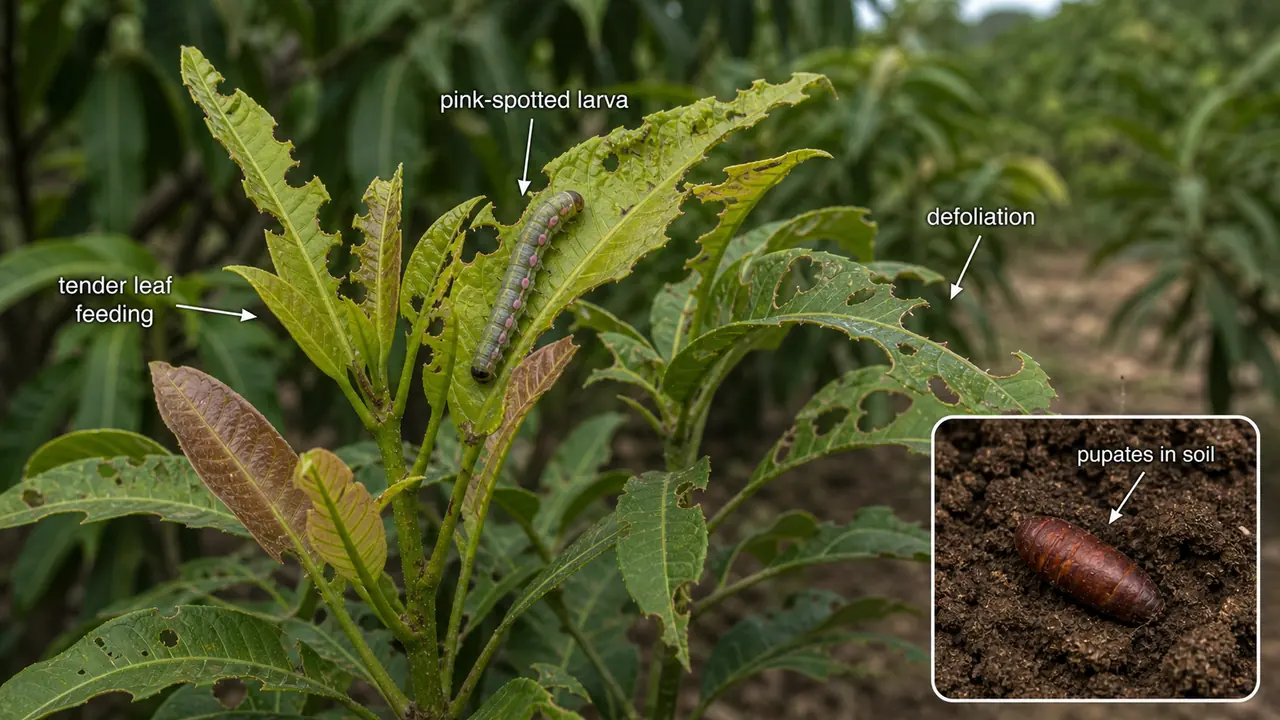 Mango leaf caterpillar damage showing a smooth pink-spotted larva feeding on tender mango leaves with defoliation and a soil pupation inset