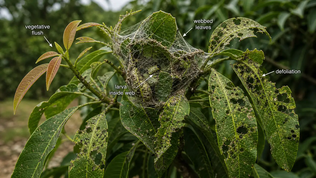 Mango leaf webber damage showing several mango leaves webbed together with a larva feeding inside the webbed cluster