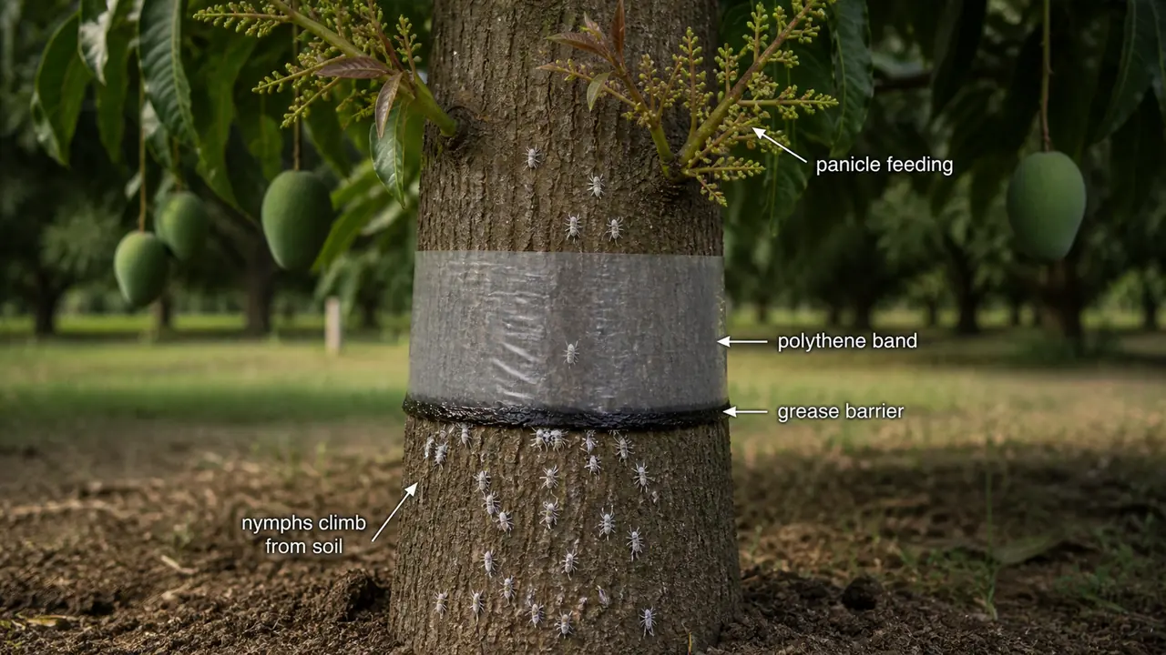Mango mealy bug management showing nymphs climbing the mango trunk from soil and a polythene band with grease barrier blocking them