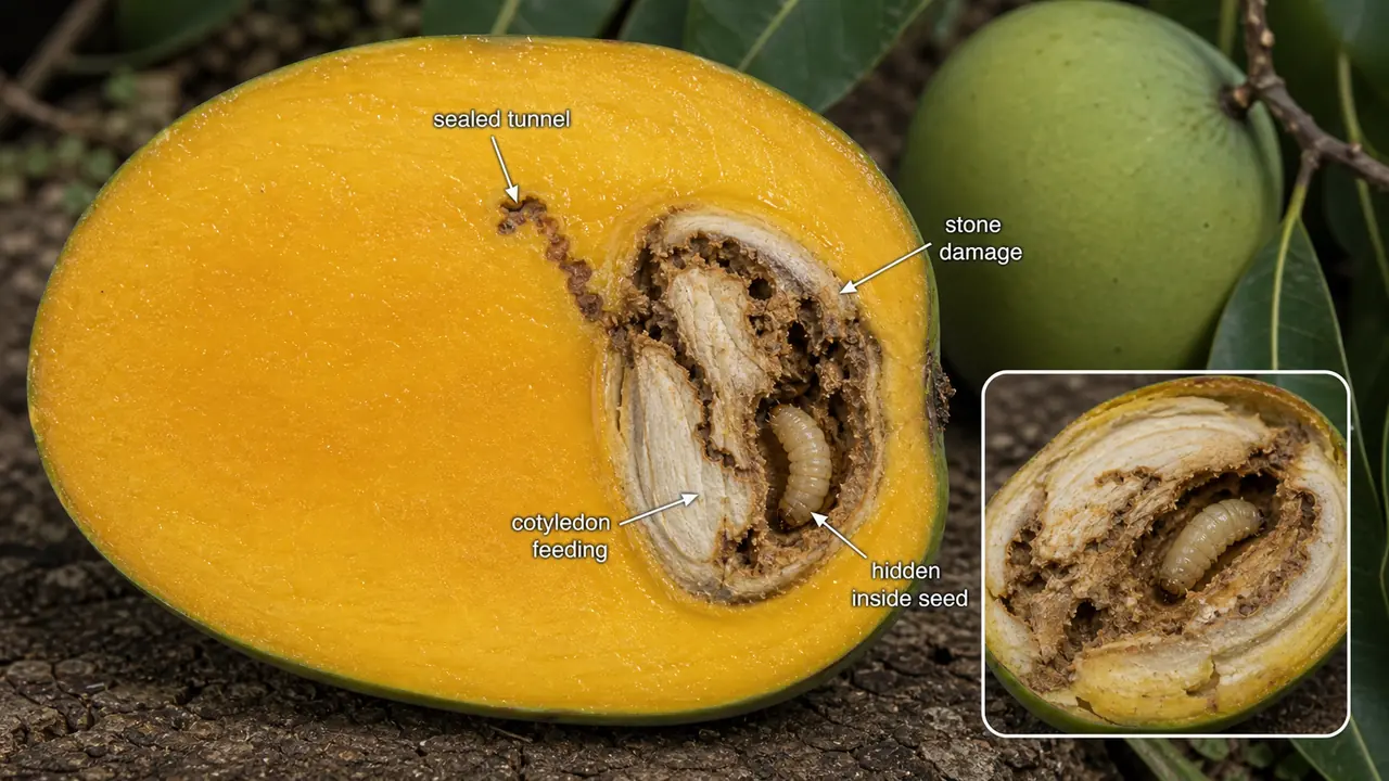 Mango nut weevil damage showing a mostly normal mango fruit but hidden zig-zag tunneling into the seed stone and cotyledon