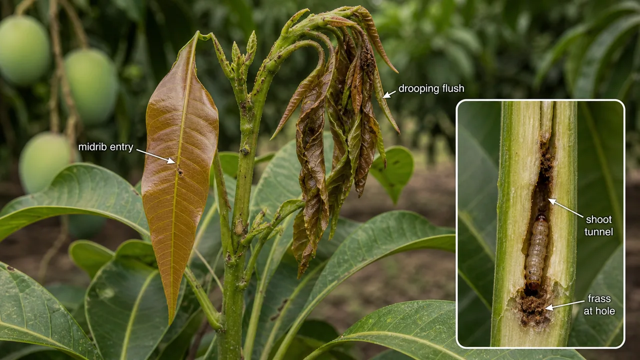 Mango shoot borer damage showing a midrib entry point, a tunnel in a tender shoot, and drooping wilted mango flush