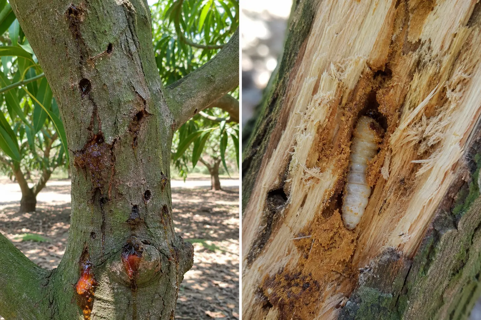 Mango stem borer damage showing bore holes, bark cracking, frass, ooze, and hidden grub tunneling inside the trunk