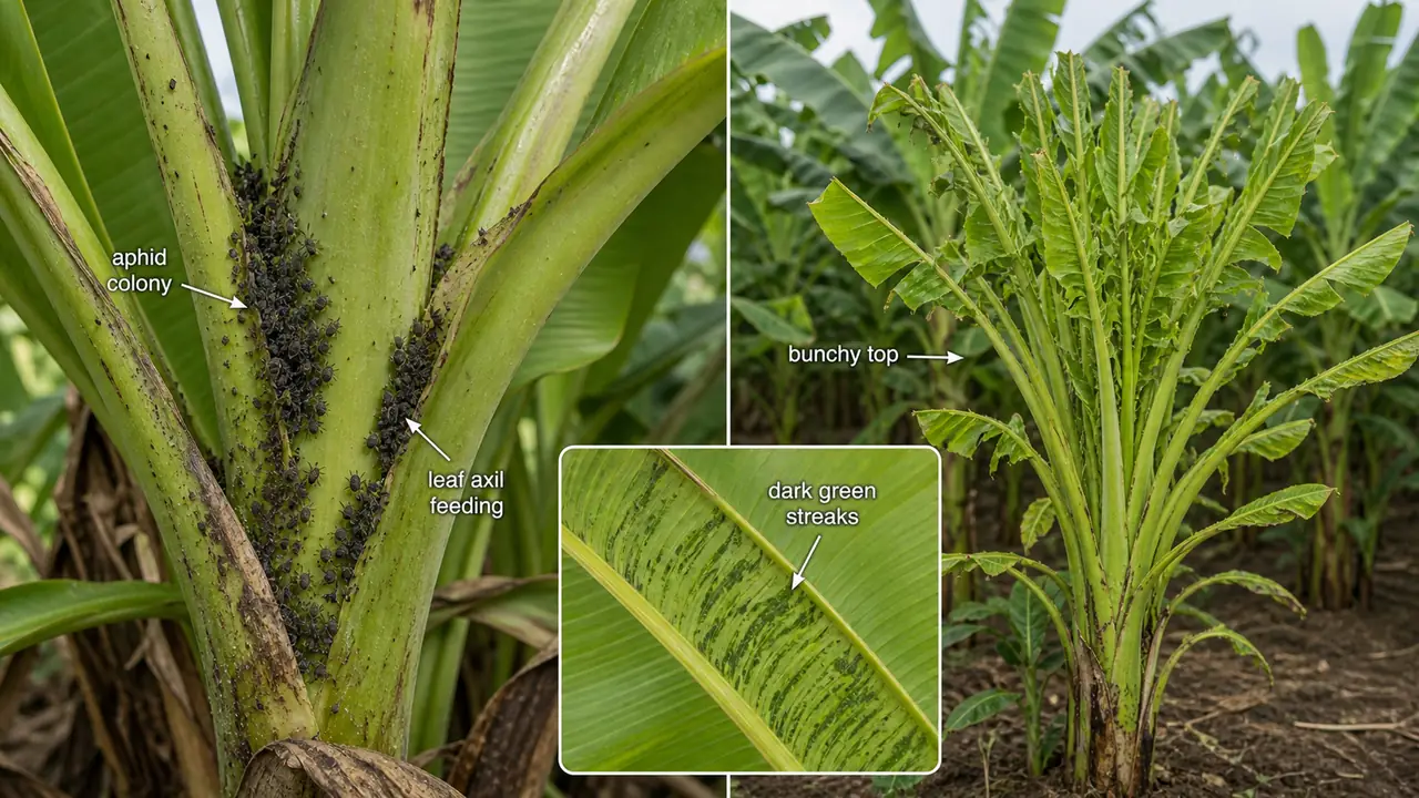 Banana aphid and Banana Bunchy Top symptoms showing aphid colonies in leaf axils, dark green streaks, and a bunchy top plant with narrow upright leaves