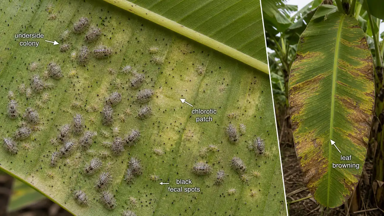 Banana lacewing bug damage showing underside colonies, chlorotic discoloration on banana leaves, and black fecal spots