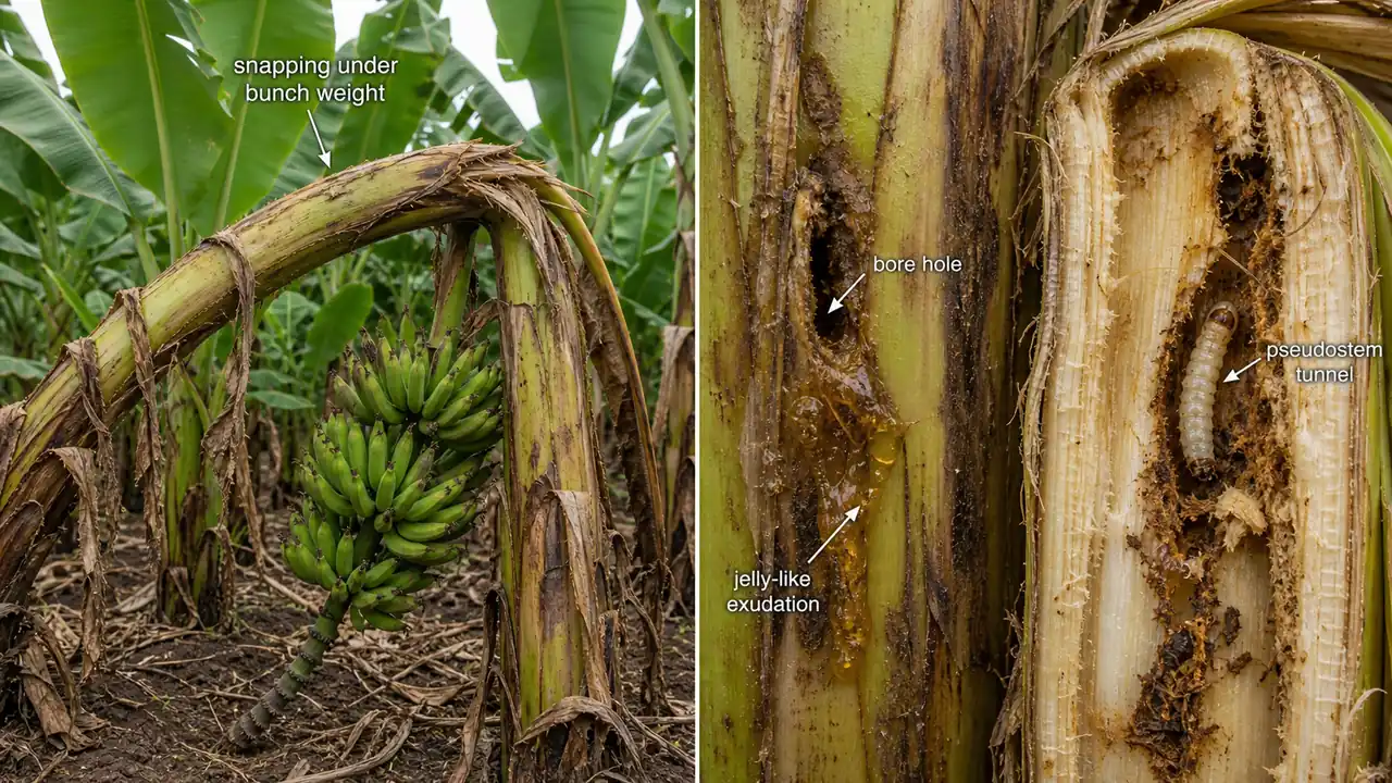 Banana pseudostem borer damage showing bore holes with jelly-like exudation, internal tunneling in the pseudostem, and snapping under bunch weight