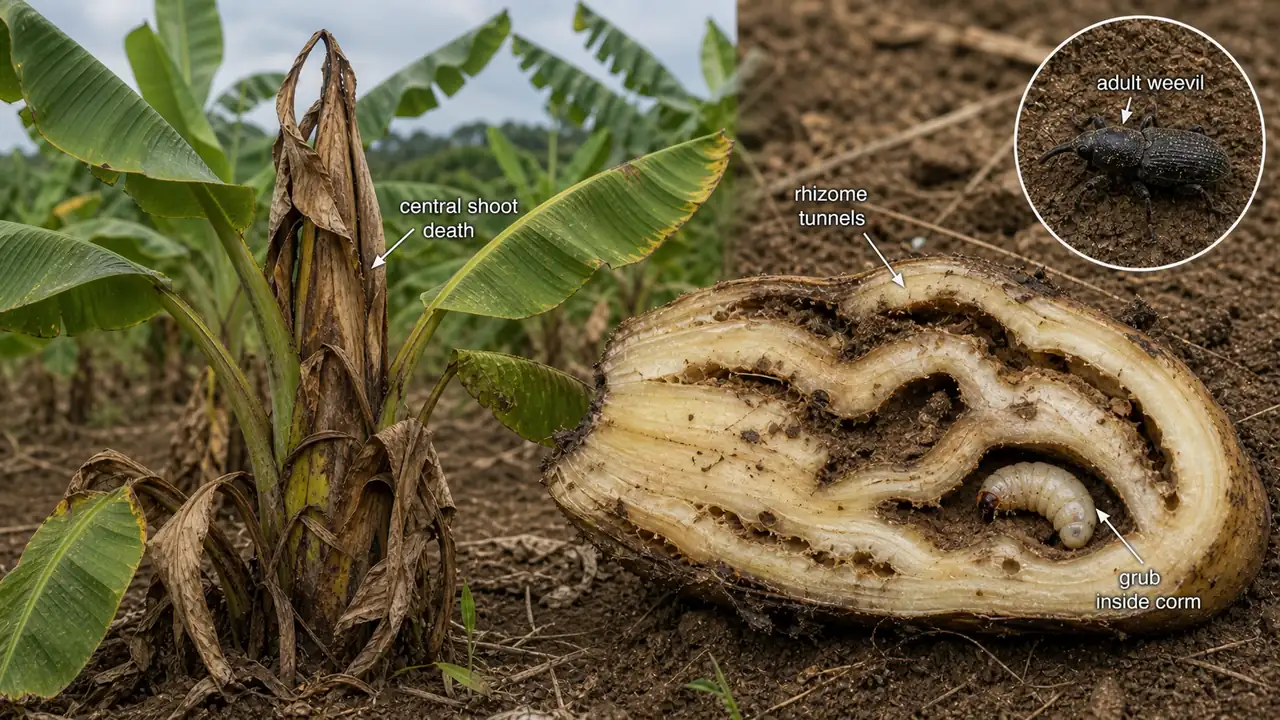 Banana rhizome weevil damage showing central shoot death and tunnels inside the cut-open banana corm with grub and adult weevil