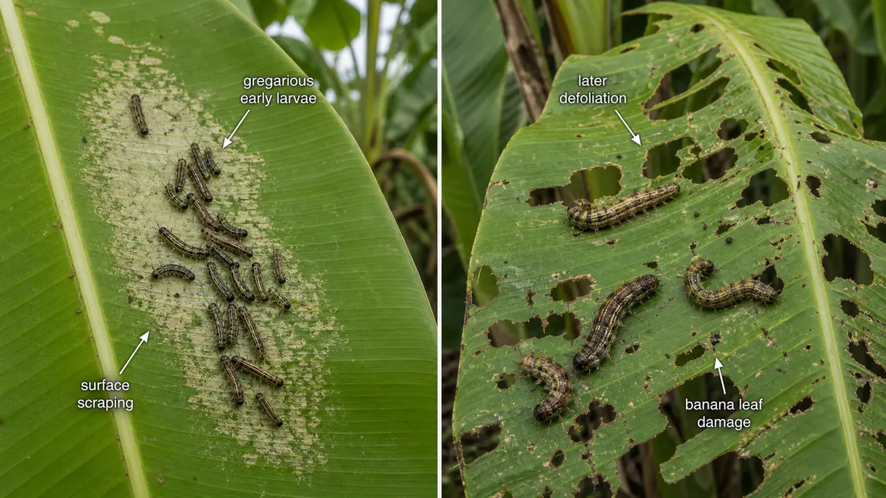 Banana leaf damage by Spodoptera litura showing gregarious early larvae scraping leaf tissue and larger larvae causing defoliation