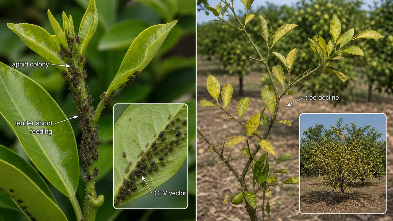 Citrus aphid colonies on tender shoots showing sap feeding and the vector link to citrus tristeza related tree decline