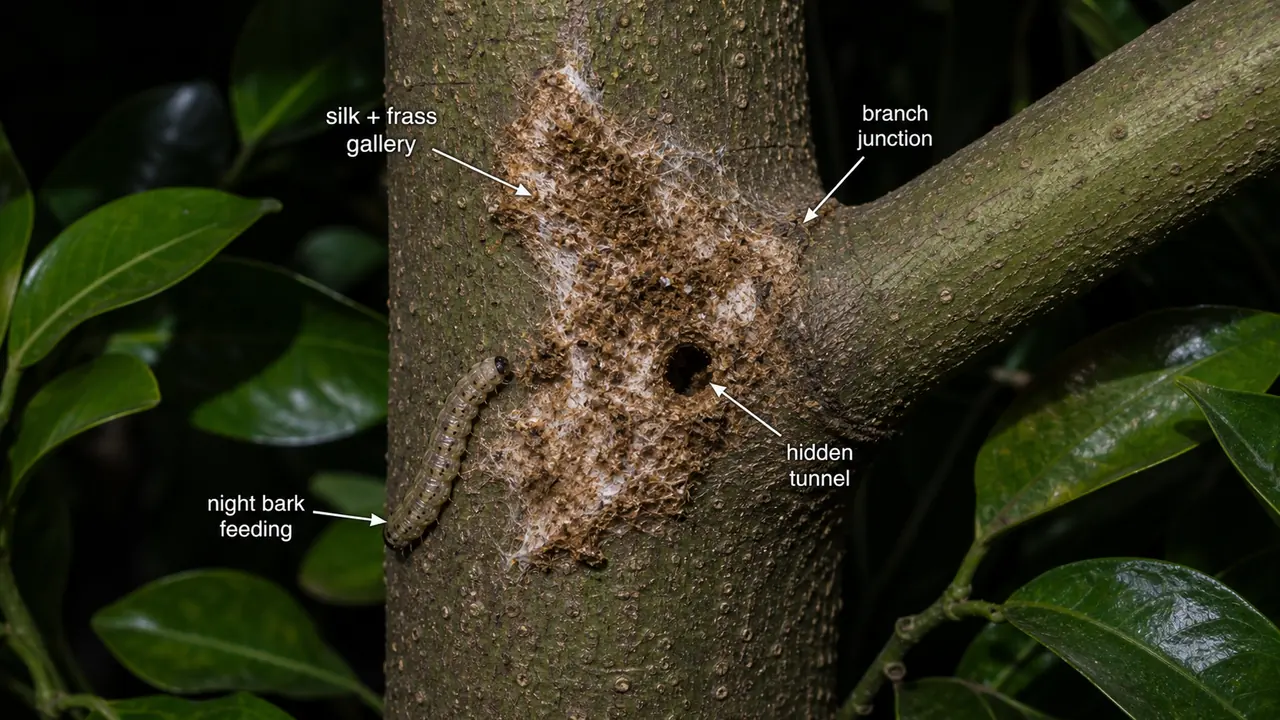 Citrus bark caterpillar damage showing a silk and frass gallery at a branch junction with a hidden bark tunnel