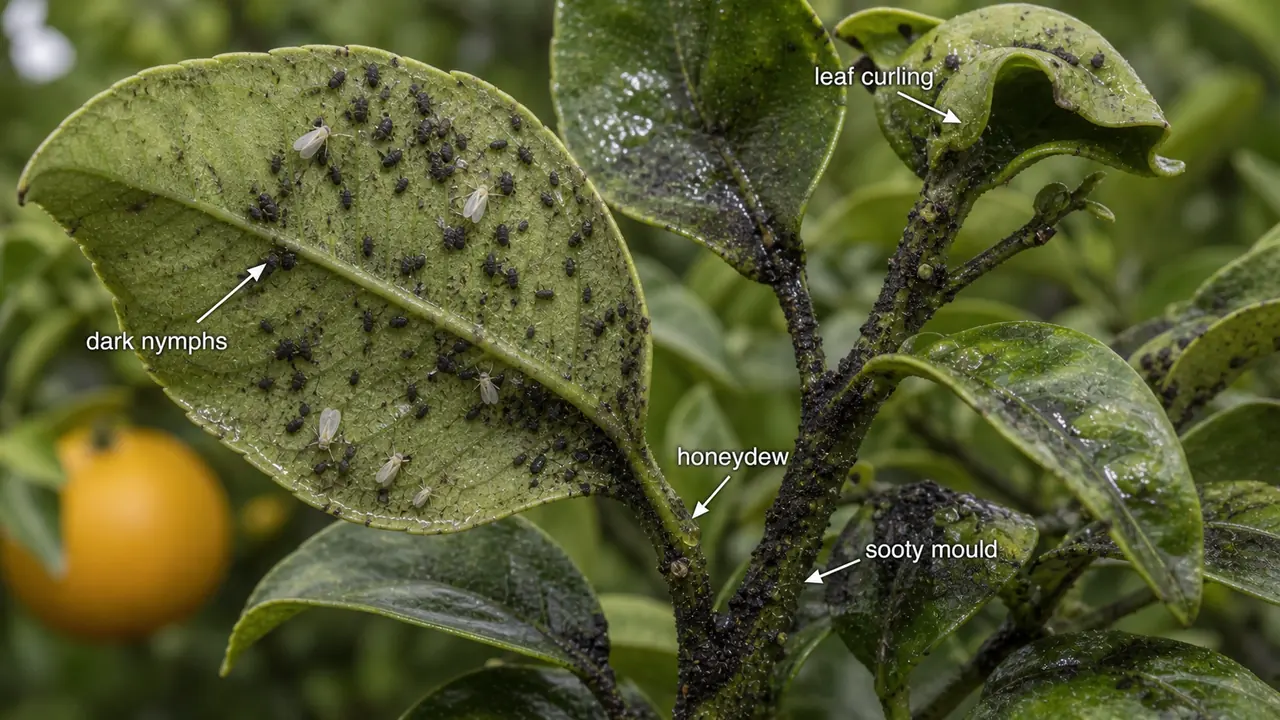 Citrus blackfly infestation showing dark nymphs on leaf underside, curling leaves, honeydew, and black sooty mould on citrus foliage