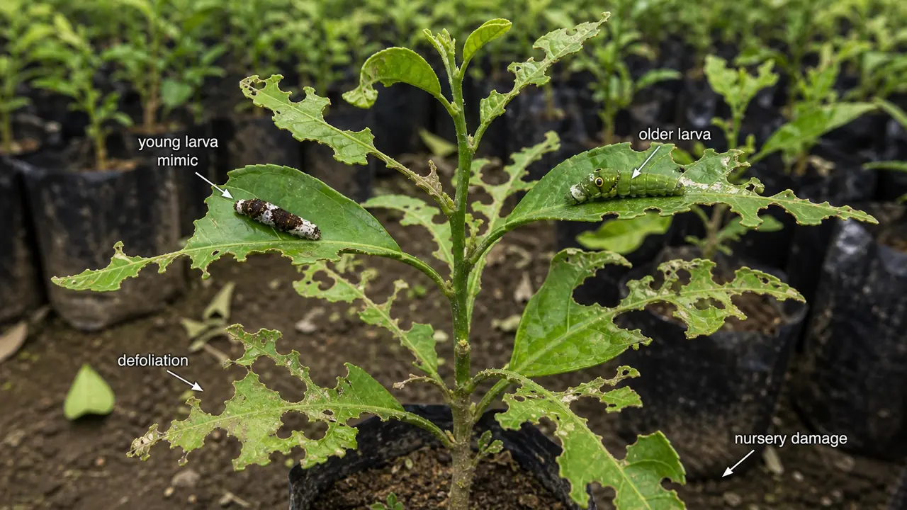 Citrus butterfly damage on young citrus nursery plant showing bird-dropping mimic young larva, older larva, and severe defoliation