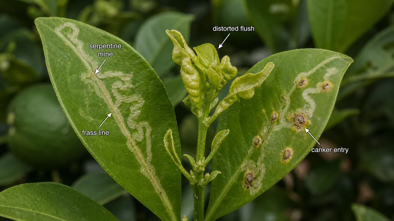 Citrus leaf miner injury showing serpentine mines, distorted flush, and citrus canker lesions entering through mined tissue
