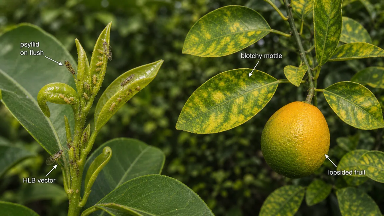 Citrus psyllid and greening symptoms showing psyllids on citrus flush, blotchy mottle on leaves, and a small lopsided fruit with uneven colour