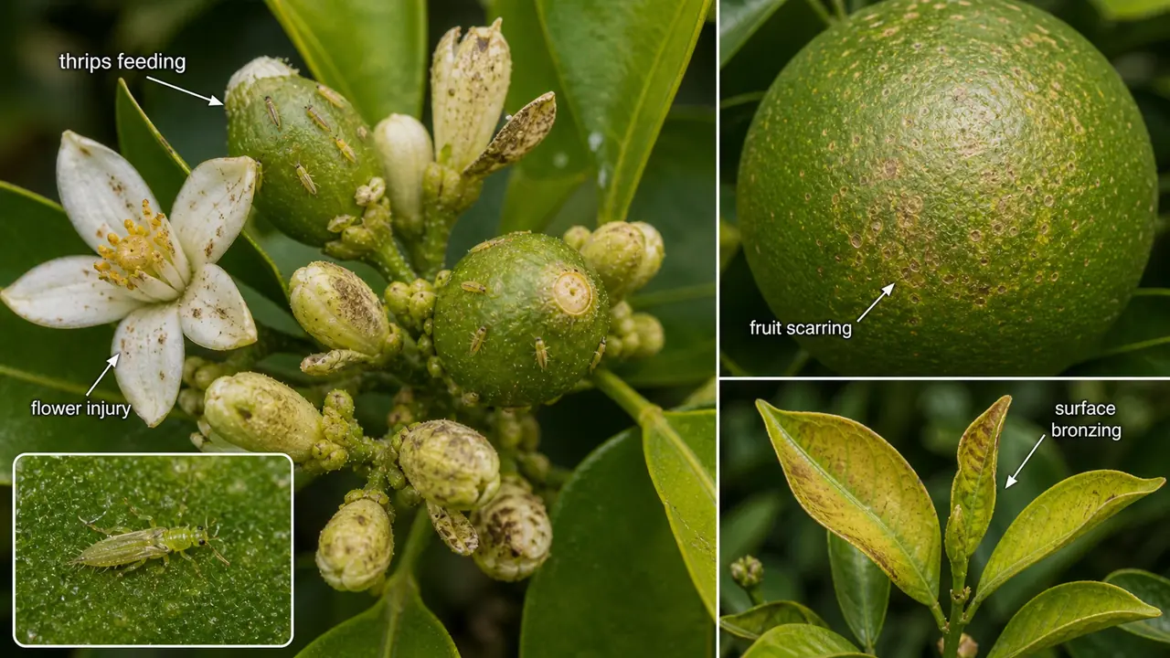 Citrus thrips damage showing thrips feeding on flowers and young citrus fruit with superficial rind scarring and bronzing