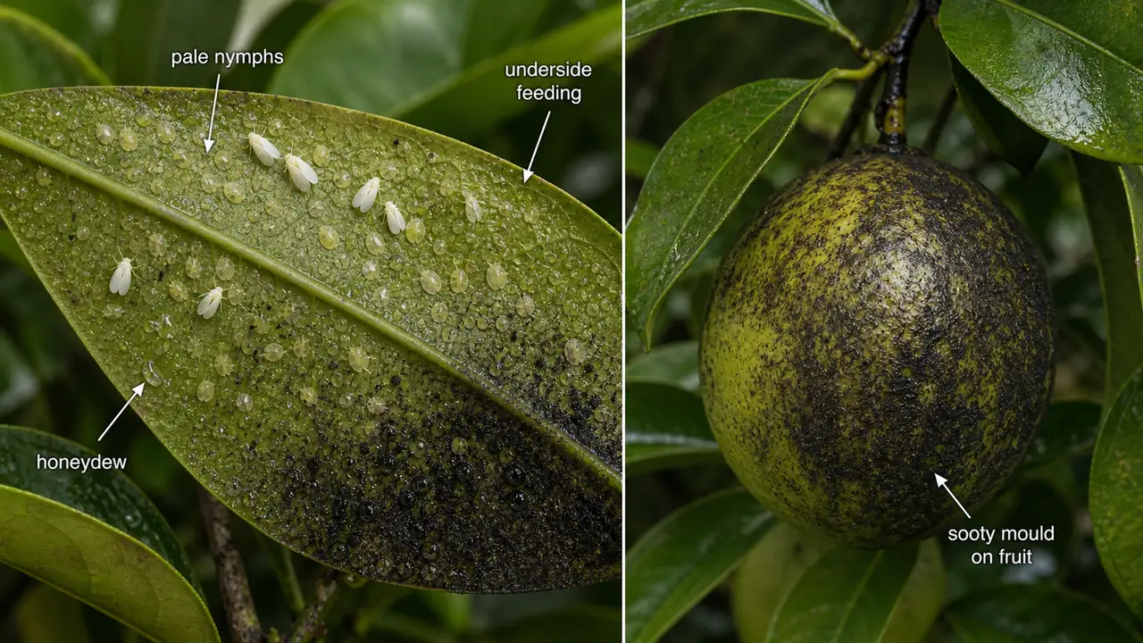 Citrus whitefly infestation showing pale whitefly nymphs and adults on leaf undersides with honeydew and sooty mould on citrus leaves and fruit