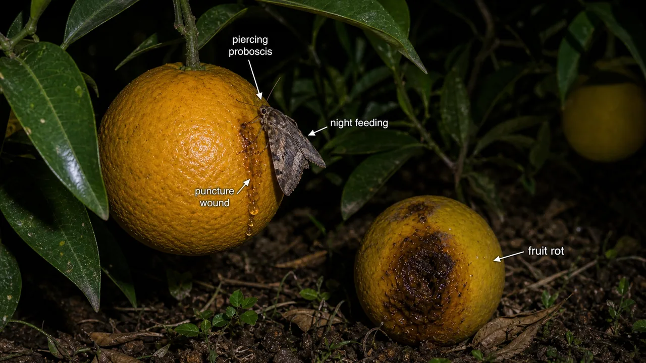 Fruit sucking moth damage on citrus showing an adult moth piercing ripe citrus fruit at night and causing puncture wounds with rot