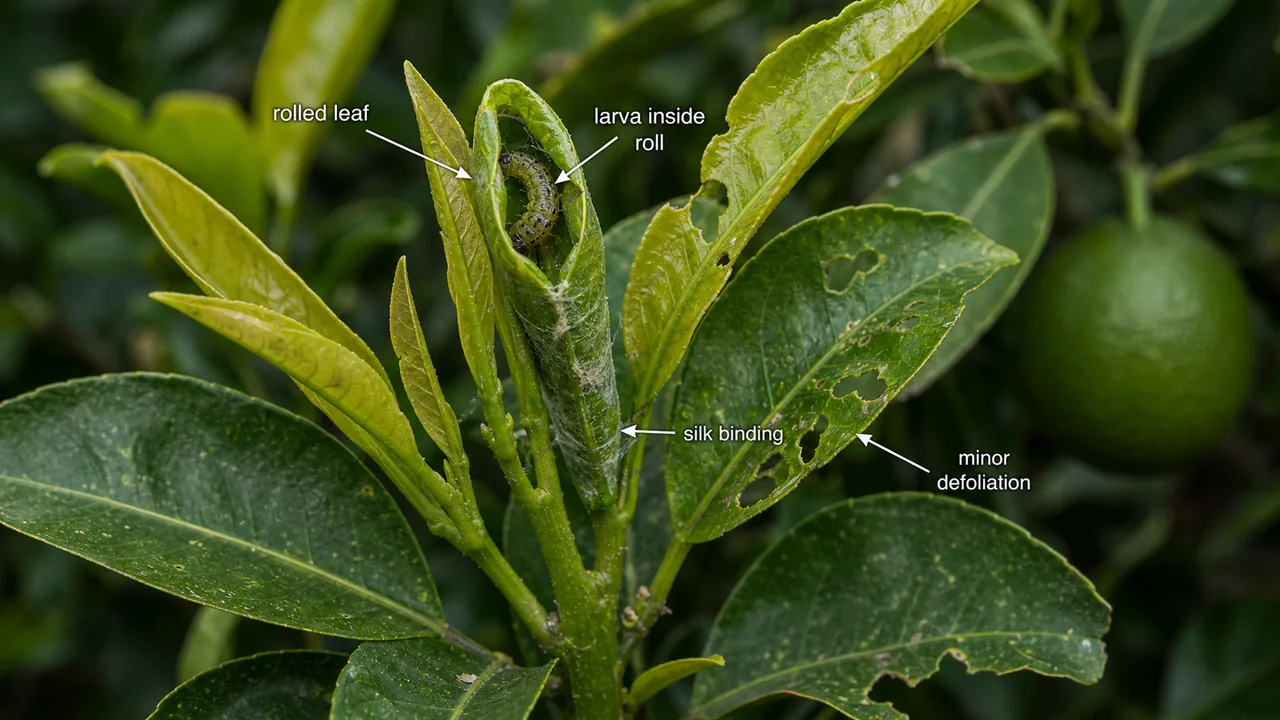 Citrus leaf roller damage showing rolled citrus leaves bound by silk with a larva feeding inside the leaf roll