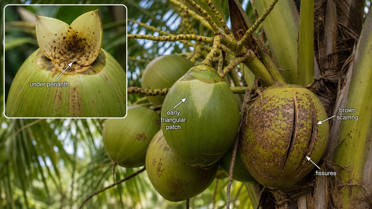 Coconut eriophyid mite damage showing hidden feeding under the perianth and resulting triangular early patch, brown scarring, and fissures on developing nuts