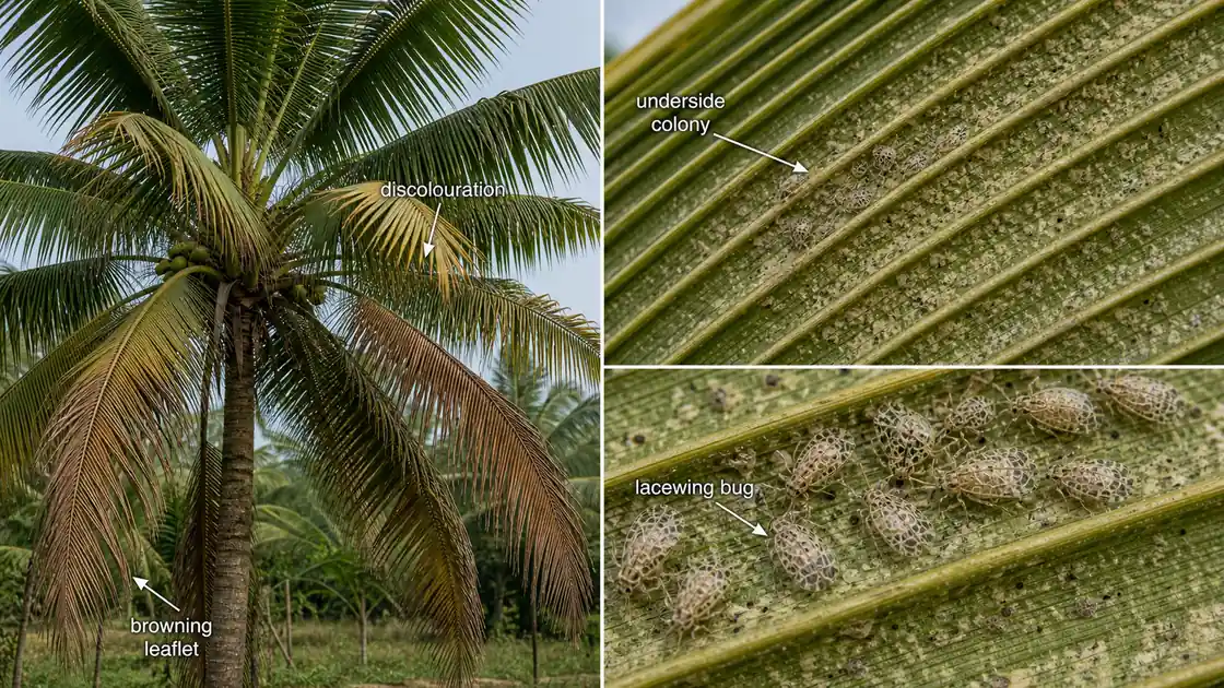 Coconut lacewing bug damage showing underside colonies on coconut leaflets with discoloration and browning