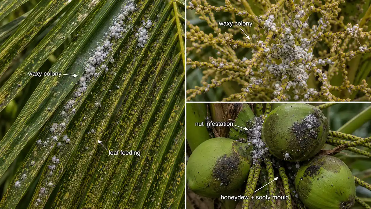 Coconut mealy bug colonies with waxy bodies on leaflets and nuts causing honeydew and early sooty mould