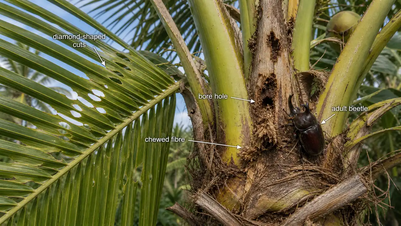 Coconut rhinoceros beetle injury showing diamond-shaped cuts on opened fronds, crown bore holes, and chewed fibre near the central spindle