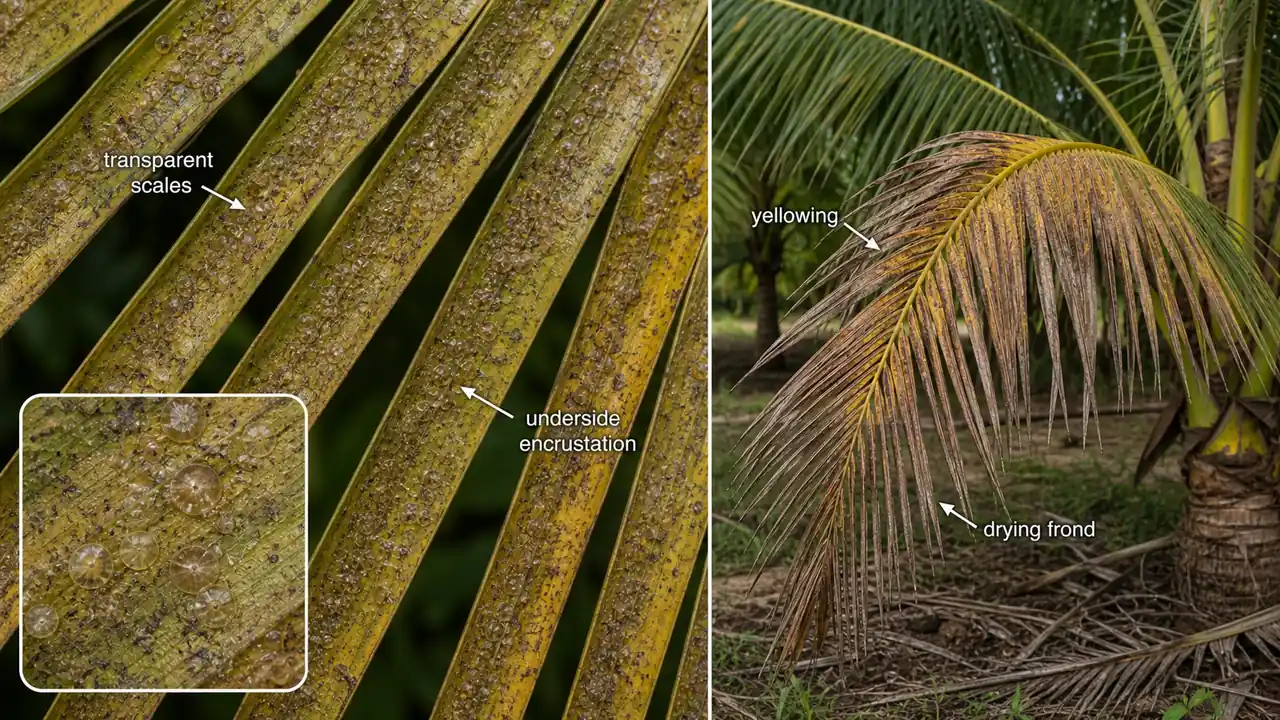 Coconut scale insect infestation showing transparent scales encrusting the underside of coconut leaflets with yellowing and drying of fronds