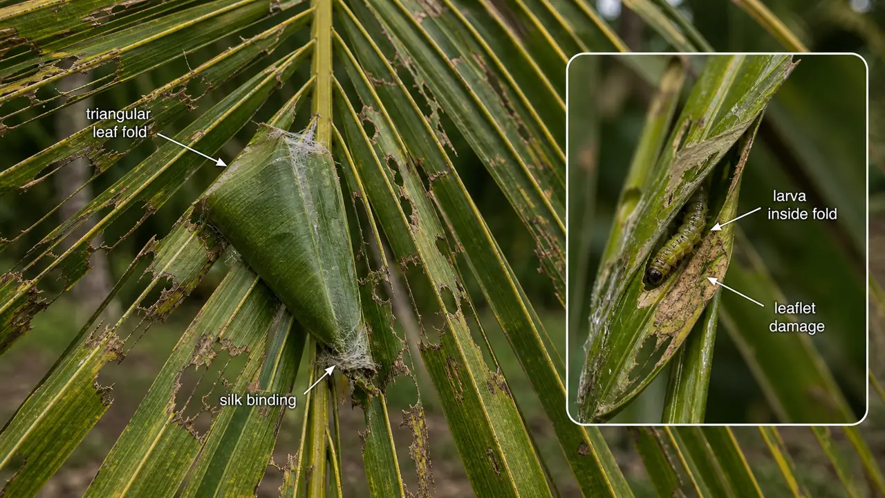 Coconut skipper damage showing a triangular folded coconut leaflet with a larva feeding inside the silk-bound fold