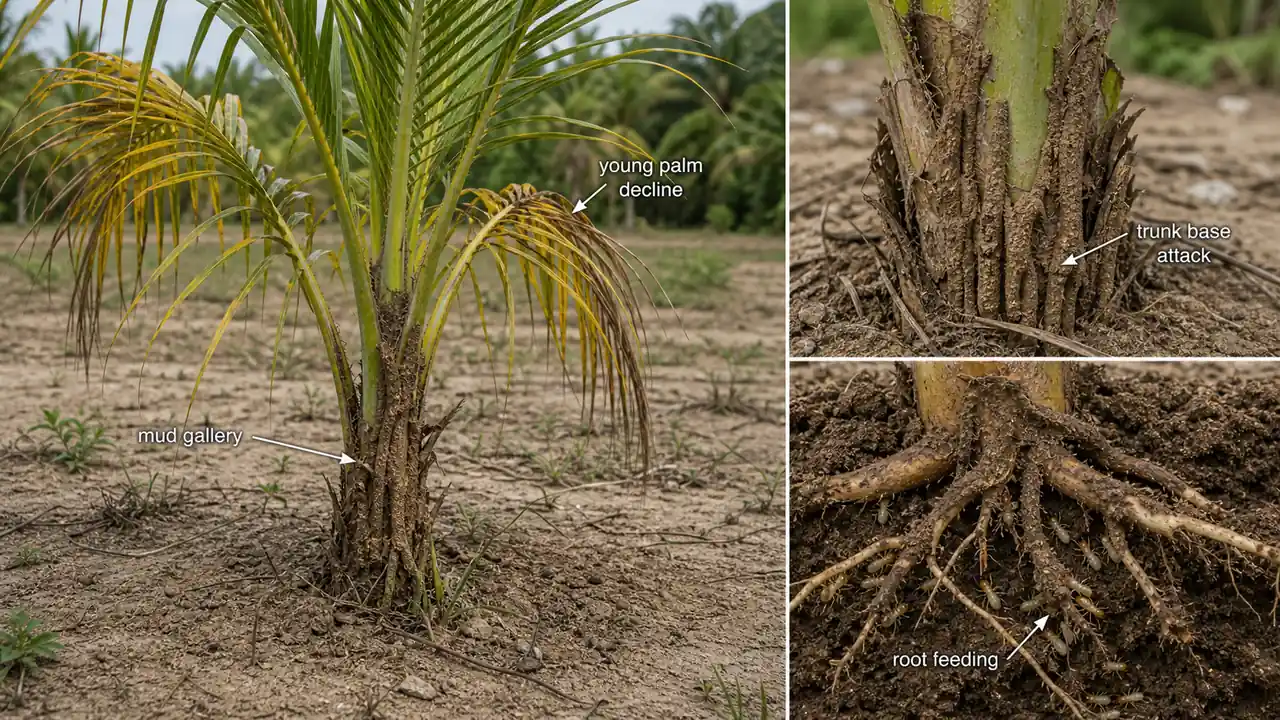 Coconut termite damage showing mud galleries on the trunk base and root-zone attack in a young declining coconut palm