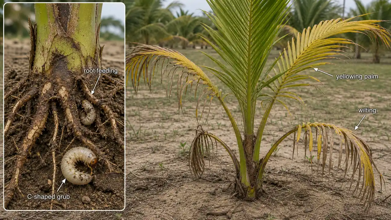 Coconut white grub damage showing root feeding below the soil and a young wilting coconut palm with C-shaped white grubs in the root zone