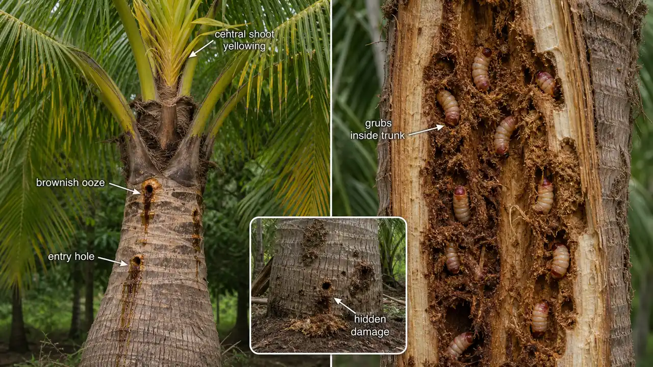 Red palm weevil infestation in coconut showing trunk holes with brownish ooze and hidden internal feeding by many grubs inside the palm trunk